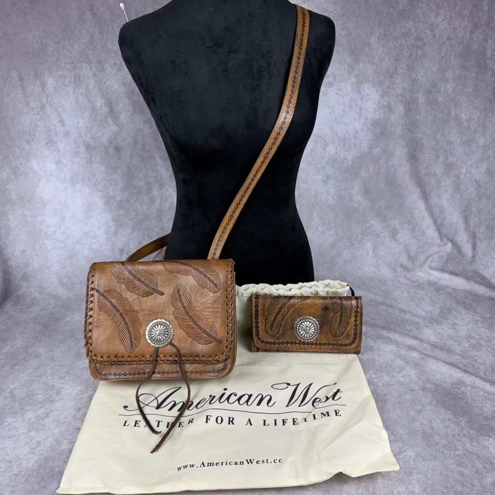 Vtg American West Leather Crossbody Bag Wallet Set Tooled Feather Concho Western